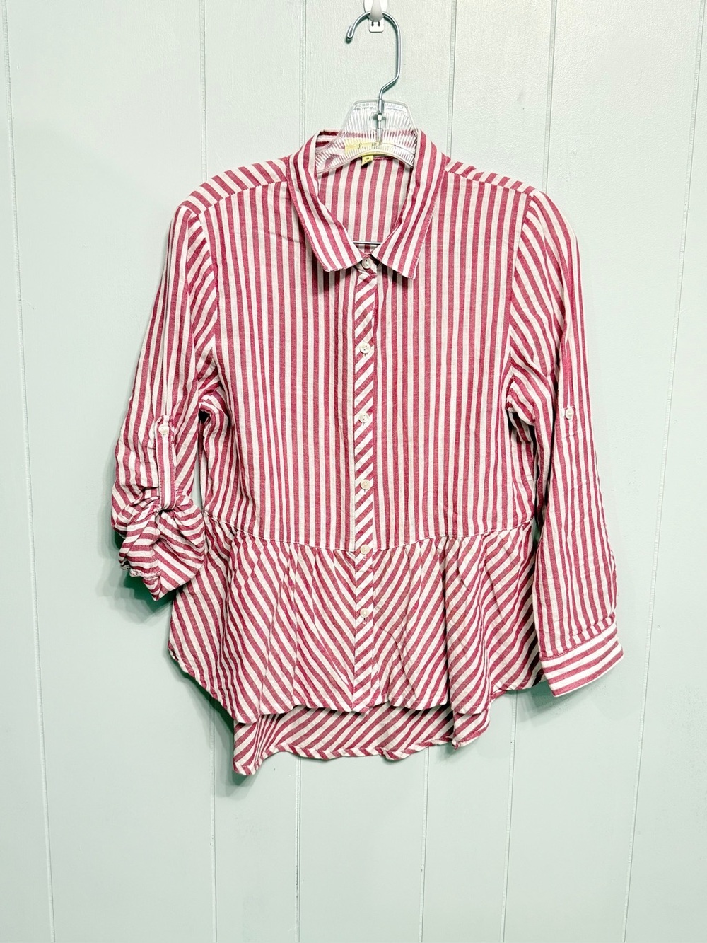 #12)  ove Notes Red and White Striped Peplum Button-Down Shirt